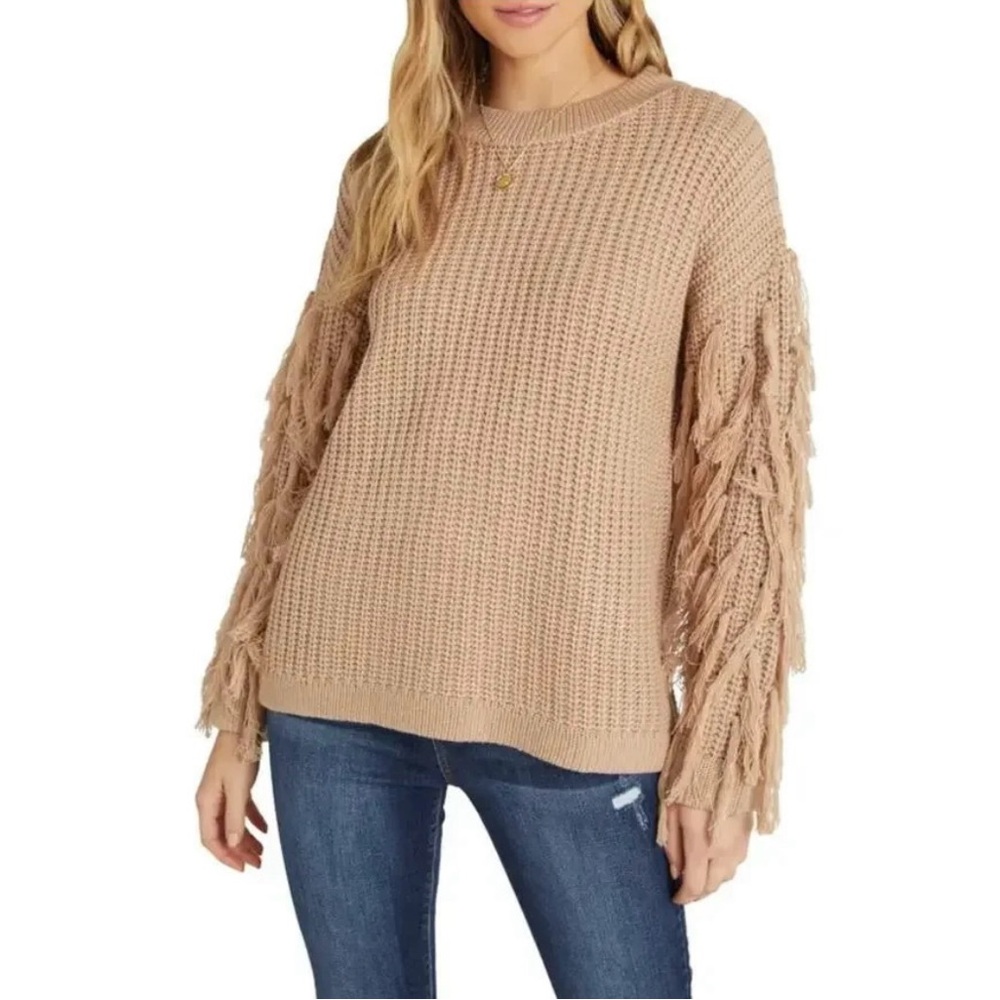 Vici Fringe Sleeve Sweater Size Small Taupe Beige Neutral Crewneck Oversized